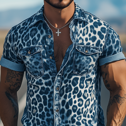 Men's Fashion Short Sleeve Shirt | Retro Western Style | Leopard Denim Print | Slim Fit | Casual Spring Summer | High-Quality Cotton Blend