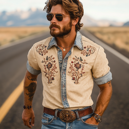 Men's Retro Western Cowboy Shirt | Summer Style | Denim & Suede Stitching | Embroidery Accents | Short-Sleeve Casual Shirt | Lightweight & Breathable | Versatile Outfit