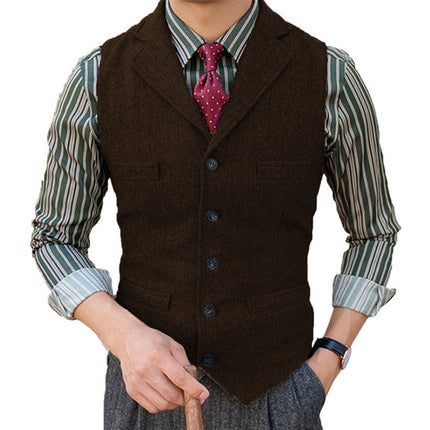 Men's Wool Blend Vest | Vintage Style | Single Breasted with Lapel | Slim Fit | Charcoal Navy Herringbone Patterns | Smart Casual Formal Wear | Adjustable Back | Functional Pockets | Year-Round Outerwear