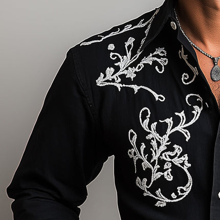 Men's Western Cowboy Style Shirt | Embroidered Long-Sleeve | Summer Blended Fabric | Classic Pointed Collar | Button-Up Front | Rugged Sophisticated Design | Versatile Attire