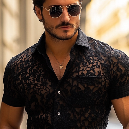 Men's Casual Shirt | Short Sleeve Lace Lapel | Button-Front | Soft Breathable Fabric | Elegant Design for Social Events & Weekend Wear | Fashionable & Comfortable | Various Sizes Available