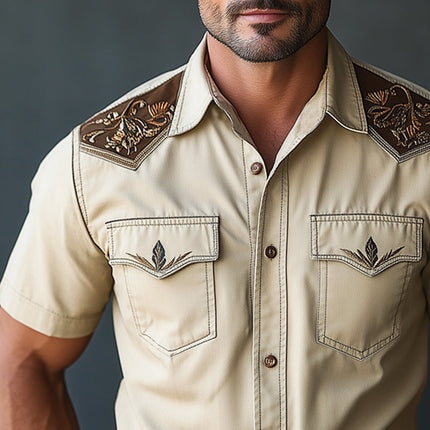 Men's Western Cowboy Shirt | Embroidered Short Sleeve | Cotton Casual Button-Down | Classic Wild West Style | Breathable Summer Wear | Front Yoke Design | S to 3XL Sizes | Country Music Festival Fashion