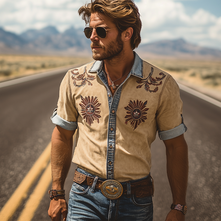 Men's Retro Western Denim Shirt | Short Sleeve Suede Embroidery | Cowboy Style Casual Button | Summer Fashion | Premium Denim | Suede Accents | Classic Western Design | Breathable Comfort