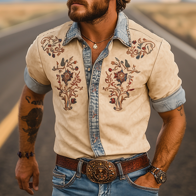 Men's Retro Western Cowboy Shirt | Summer Style | Denim & Suede Stitching | Embroidery Accents | Short-Sleeve Casual Shirt | Lightweight & Breathable | Versatile Outfit