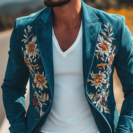 Men's Slim Fit Western Style Blazer | Classic Retro Suede | Embroidered Sheepskin | Casual & Semi-Formal Outerwear | Tailored Notched Lapel Design | Versatile Fashion Piece for All Occasions