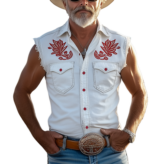 Men's Western Sleeveless Shirt | Washed Tencel Denim | Red Embroidery | Slim Fit | Cowboy Style | Spring Summer Casual | Breathable Eco-Friendly Fabric
