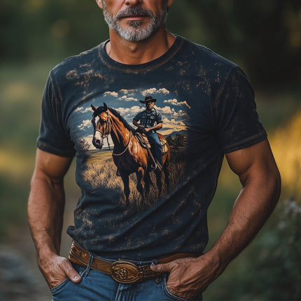 Men's Western Cowboy Style T-Shirt | Printed Crew Neck | Short Sleeve | Cotton Spandex Blend | Comfortable Fit | Wild West Aesthetic | Versatile Casual Wear | Size S to 3XL