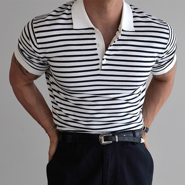 Men's Striped Polo Shirt | Short Sleeve | Lapel Collar | Soft Breathable Cotton Blend | Modern Fashionable Stripes | Regular Fit | Versatile Casual & Smart-Casual Wear | Multiple Sizes Available