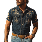 Men's Retro Western Denim Shirt | Summer Fashion | Short Sleeve | Embroidered Cowboy Style | Durable Fabric | Versatile Casual Wear | Classic Snap Button Design | Breathable Comfort