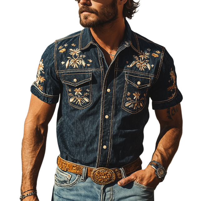 Men's Retro Western Denim Shirt | Summer Fashion | Short Sleeve | Embroidered Cowboy Style | Durable Fabric | Versatile Casual Wear | Classic Snap Button Design | Breathable Comfort