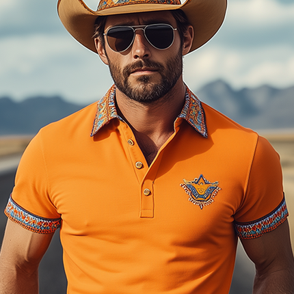 Men's Polo Shirt | Slim Fit Short Sleeve | Retro Western Cowboy Style | Embroidered Design | Cotton Blend Fabric | Casual Classic | Button Placket | Breathable and Comfortable | Stylish Top