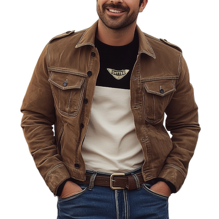 Men's Vintage Washed Denim Jacket | Brown Faded Look | Classic Rugged Style | Premium Breathable Fabric | Turn-Down Collar | Long Sleeves | Reinforced Seams | Multiple Sizes | Ideal for Casual Outings
