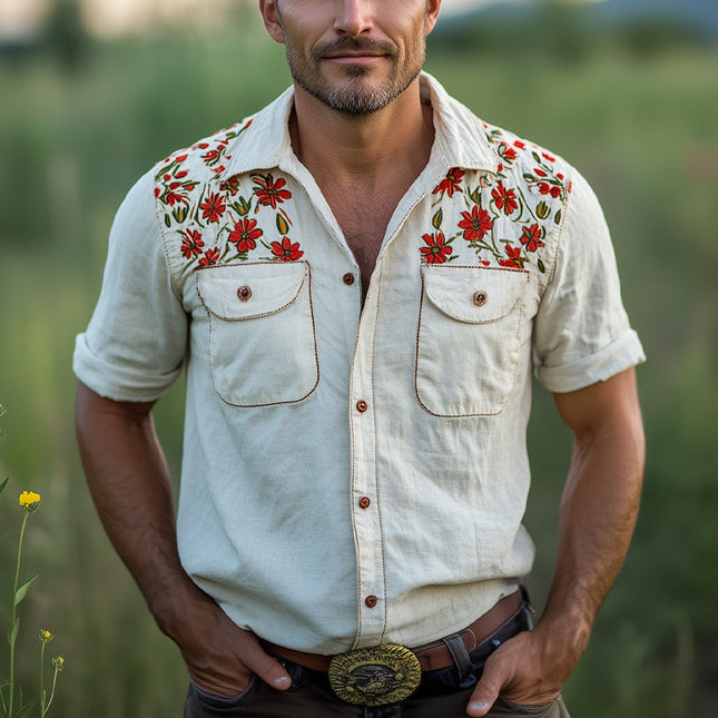 Men's Cotton Floral Embroidery Shirt | Short Sleeve Dress Shirt | Lightweight Summer Top | Sophisticated Casual Style | Classic Collar | Breathable Fabric | Available in Sizes S-3XL | Ideal for Warm Weather