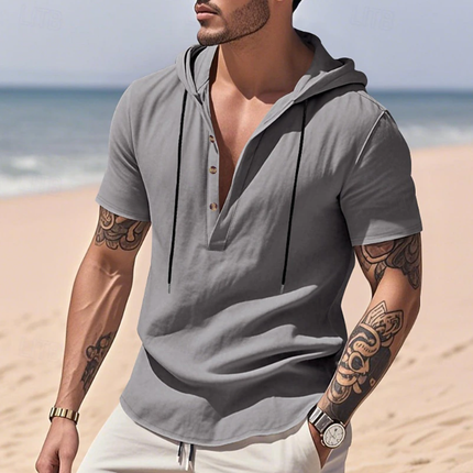 Men's Hooded T-Shirt | Henley Collar | Solid Color | Breathable Cotton | Slim Fit | Short Sleeve | Casual Wear | Versatile Everyday Style