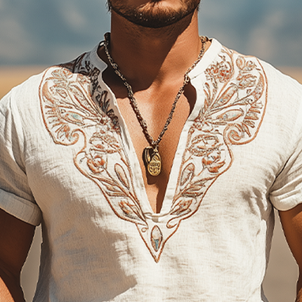 Men's Casual Cotton Linen Shirt | Embroidered Retro Western Henley Collar | Summer Fashion | Breathable Short Sleeve Top