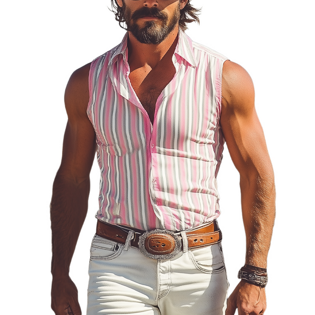 Men's Retro Western Cowboy Style | Sleeveless Shirt | Cotton Blend | Vertical Striped | Slim Fit | Casual Fashion | Spring Summer | Breathable Lightweight Fabric | Vintage Charm | Unique Style