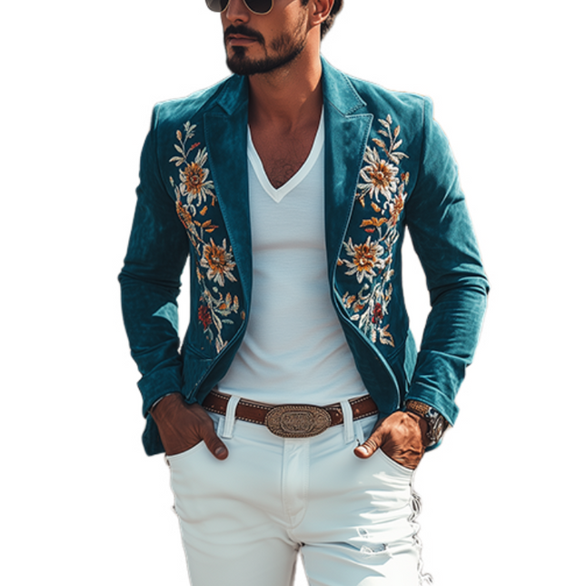 Men's Slim Fit Western Style Blazer | Classic Retro Suede | Embroidered Sheepskin | Casual & Semi-Formal Outerwear | Tailored Notched Lapel Design | Versatile Fashion Piece for All Occasions