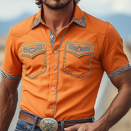 Men's Cotton Blend Western Shirt | Retro Cowboy Style | Short Sleeve | Exquisite Embroidery | Casual Slim Fit | Breathable & Comfortable | Vintage Design