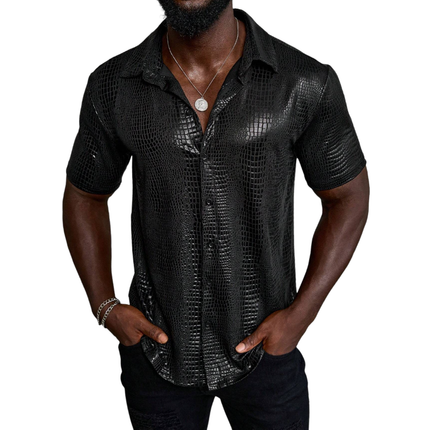 Men's Vintage Crocodile Pattern PU Leather Shirt | Lapel Collar | Loose Short Sleeve | Textured Look | Bold Statement | Fashion Forward | Comfortable Fit | Perfect for Parties & Casual Outings