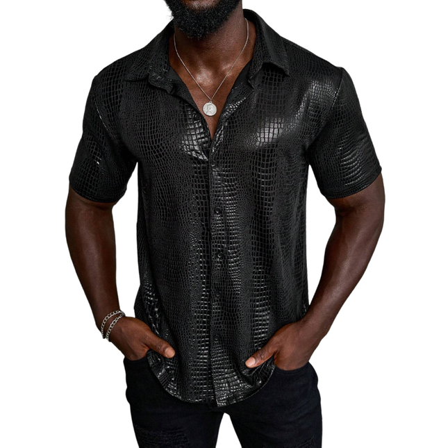 Men's Vintage Crocodile Pattern PU Leather Shirt | Lapel Collar | Loose Short Sleeve | Textured Look | Bold Statement | Fashion Forward | Comfortable Fit | Perfect for Parties & Casual Outings