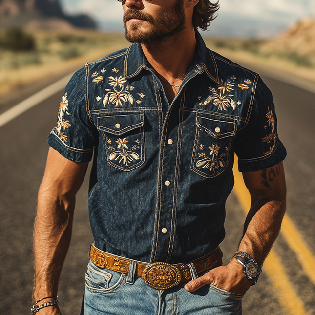 Men's Retro Western Denim Shirt | Summer Fashion | Short Sleeve | Embroidered Cowboy Style | Durable Fabric | Versatile Casual Wear | Classic Snap Button Design | Breathable Comfort