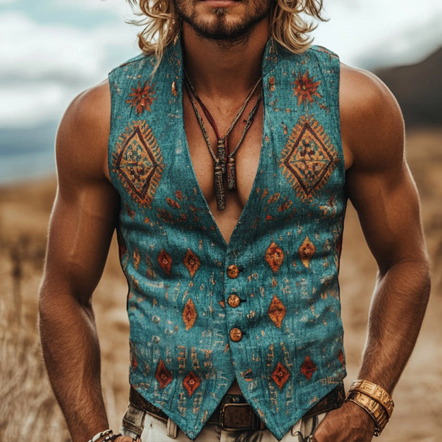 Men's Geometric Print Stand Collar Vest | Retro Ethnic Style | Casual Linen Outerwear | Sleeveless Breathable Design | Perfect for Spring and Summer | Comfortable and Durable | Versatile Fashion Piece