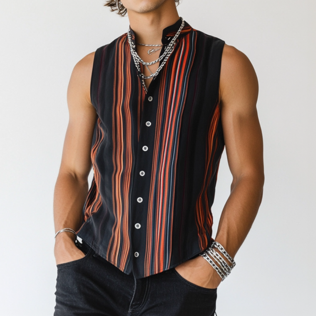 Men's Sleeveless Shirt | Casual Contrast Stripe Print | Stand Collar | Slim Fit | Breathable Lightweight Fabric | Summer Fashion Top