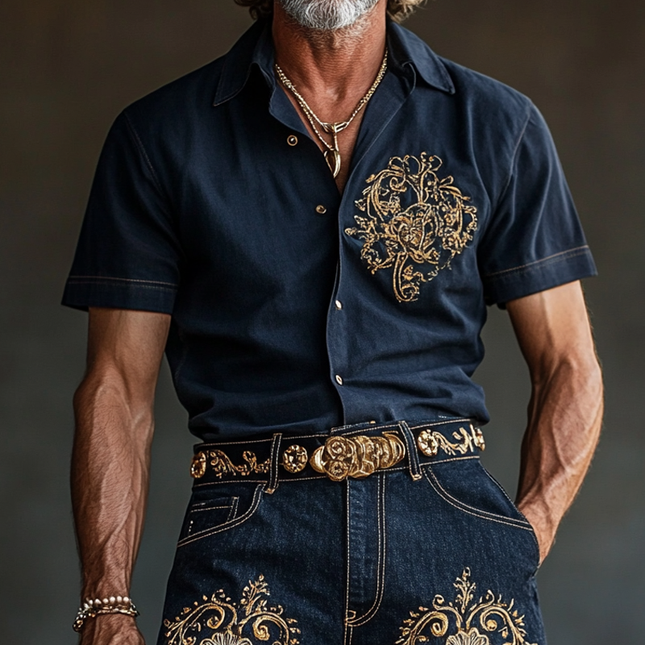 Men's Vintage Style Short Sleeve Shirt | Embroidered Lapel Design | Casual Button-Up | Retro Fashion | Relaxed Fit | Breathable Fabric | Perfect for Festivals & Gatherings