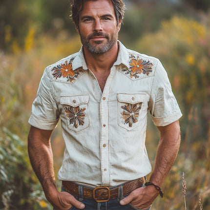 Men's Western Cowboy Shirt | Retro Embroidered Short Sleeve | Summer Casual | Cotton-Poly Blend | Classic Collar | Lightweight Comfortable Fashion | Available S-3XL