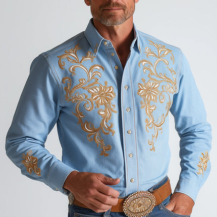 Men's Western Style Embroidered Long Sleeve Dress Shirt | Summer Blended Fabric | Lightweight & Breathable | Versatile Casual & Formal Wear | MTA2855D7P