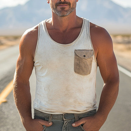 Men's Vintage Distressed Tank Top | Round Neck | Summer Casual | Lightweight Cotton Blend | Relaxed Fit | Breathable Fabric | Retro Style | Available in S to 3XL Sizes | Perfect for Beach & City Outings