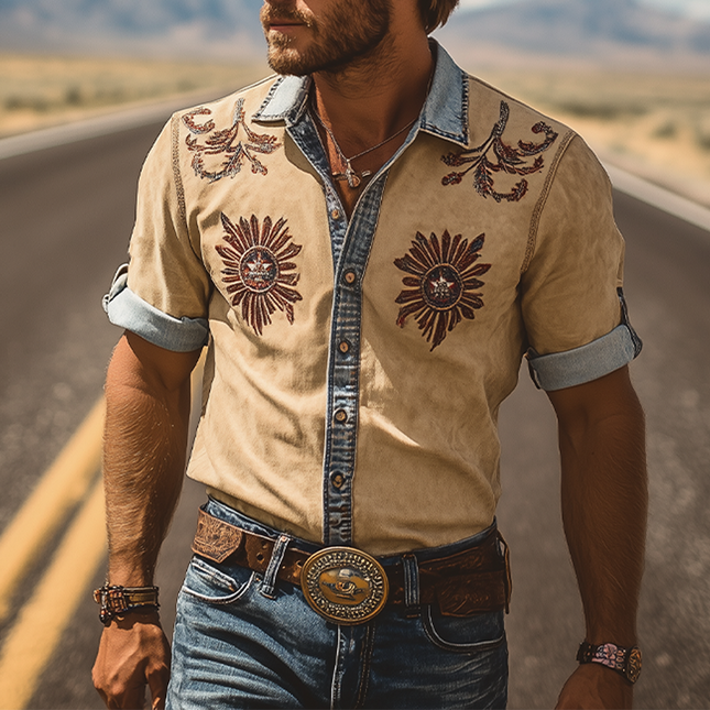 Men's Retro Western Denim Shirt | Short Sleeve Suede Embroidery | Cowboy Style Casual Button | Summer Fashion | Premium Denim | Suede Accents | Classic Western Design | Breathable Comfort