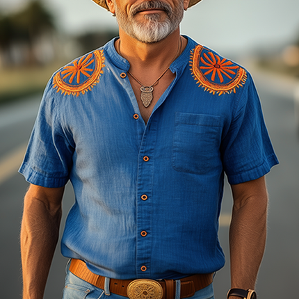 Men's Cowboy Retro Embroidered Shirt | Spring Summer Short Sleeve | Stand-Up Collar | Cotton Linen Blend | Casual Vacation Style | Breathable & Lightweight | Western Inspired | Refined Detailing