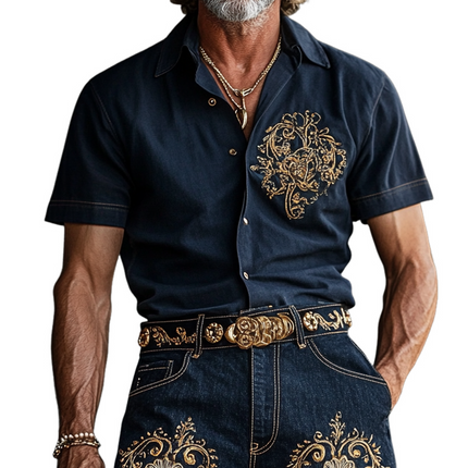 Men's Vintage Style Short Sleeve Shirt | Embroidered Lapel Design | Casual Button-Up | Retro Fashion | Relaxed Fit | Breathable Fabric | Perfect for Festivals & Gatherings