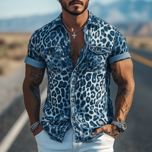 Men's Fashion Short Sleeve Shirt | Retro Western Style | Leopard Denim Print | Slim Fit | Casual Spring Summer | High-Quality Cotton Blend