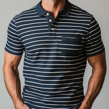 Men's Cotton Polo Shirt | Striped Colorblock Design | Lapel Collar | Patch Pocket | Slim Fit | Short Sleeve | Casual Wear | Breathable Fabric | Versatile Style