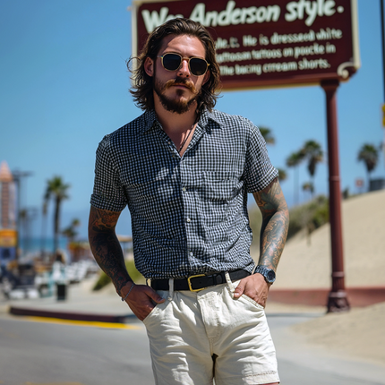 Men's Vintage Plaid Short Sleeve Shirt | Cotton Blend | Slim Fit | Lapel Collar | Patch Pocket | Retro Style | Casual Wear | Breathable Fabric