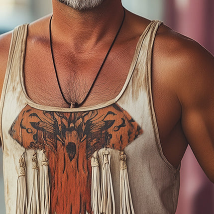 Men's Retro Tank Top | Summer Tassel Design | Printed Sleeveless Shirt | Casual Beachwear | MTA2595D7U