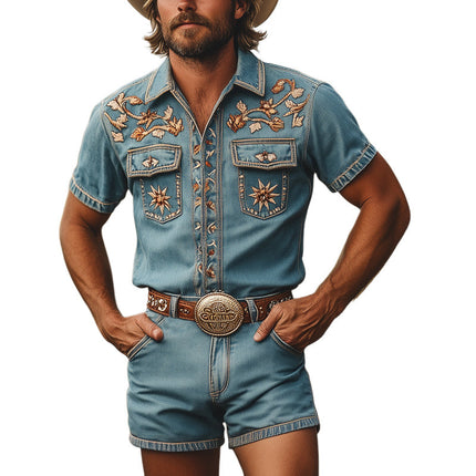 Men's Summer Retro Embroidered Denim Set | Short Sleeve Shirt & Shorts | Lightweight Breathable Fabric | Vintage Casual Outfit | Intricate Embroidery | Classic Collar | Sizes S-3XL | Easy Care Machine Washable