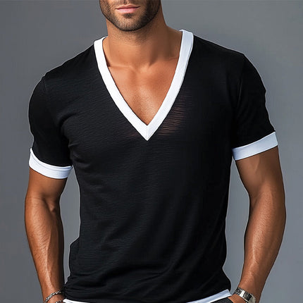 Men's Contrast V-Neck Short Sleeve T-Shirt | Cotton Blend | Comfortable & Breathable | Tailored Fit | Stylish Design