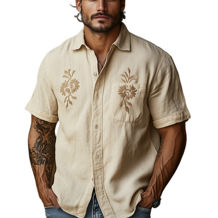 Men's Vintage Style Embroidered Shirt | Casual Khaki Tencel Short Sleeve | Soft Breathable Fabric | Timeless Turn-Down Collar | Regular Fit | Button-Down Front | Perfect for Warm Climates and Versatile Wear