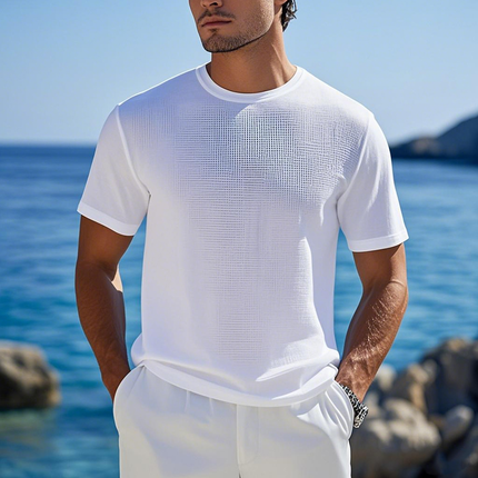 Men's Cotton Blended Waffle Short Sleeve T-Shirt | Round Neck | Loose Fit Casual Top | Comfortable & Stylish | Perfect for Everyday | Soft & Breathable Fabric | Versatile Vintage Look