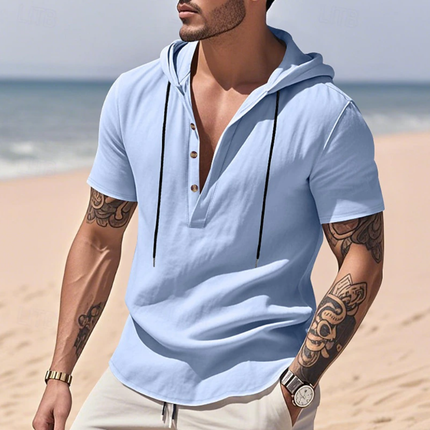 Men's Hooded T-Shirt | Henley Collar | Solid Color | Breathable Cotton | Slim Fit | Short Sleeve | Casual Wear | Versatile Everyday Style