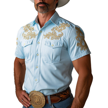 Men's Summer Cowboy Shirt | Embroidered Short Sleeve | Lightweight Cotton Blend | Casual Western Style | Button-Down | Breathable Fabric | Regular Fit | Versatile Men's Top