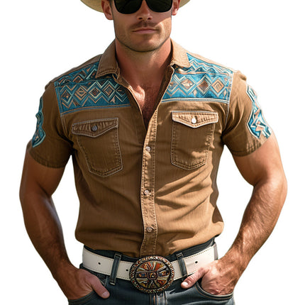 Men's Western Cowboy Shirt | Denim Print | Short Sleeve | Casual Button Down | Snap Button | Point Collar | Lightweight Comfort | Classic Style | Regular Fit | M-3XL | Wrinkle Resistant | Two Chest Pockets