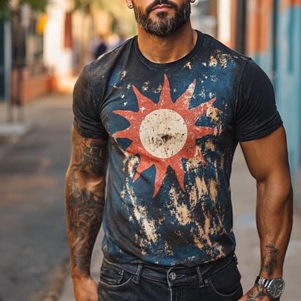 Men's Retro Sun Graphic T-Shirt | Short Sleeve | Round Neck | Breathable Polyester | Casual Wear | Sizes S-3XL | Nostalgic Style | Summer Essential | Versatile Design | Comfortable Fit