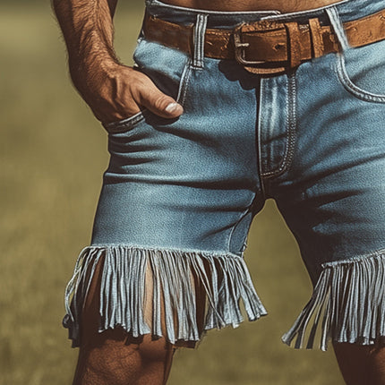 Men's Vintage Denim Fringe Shorts | Western Cowboy Style | Classic Fit | Durable Fabric | Fringe Detailing | Deep Pockets | Zipper Fly | Button Closure | Machine Washable | Casual Festival Wear