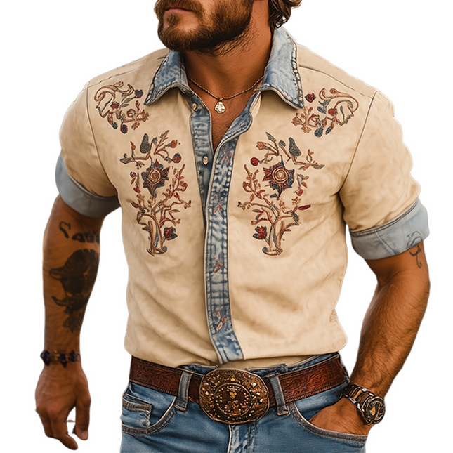 Men's Retro Western Cowboy Shirt | Summer Style | Denim & Suede Stitching | Embroidery Accents | Short-Sleeve Casual Shirt | Lightweight & Breathable | Versatile Outfit