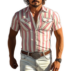 Men's Retro Western Short Sleeve Shirt | Slim Fit | Vertical Stripes | Cotton Blend | Spring Summer Casual Wear | Breathable Comfortable Style | Vintage Cowboy Influence