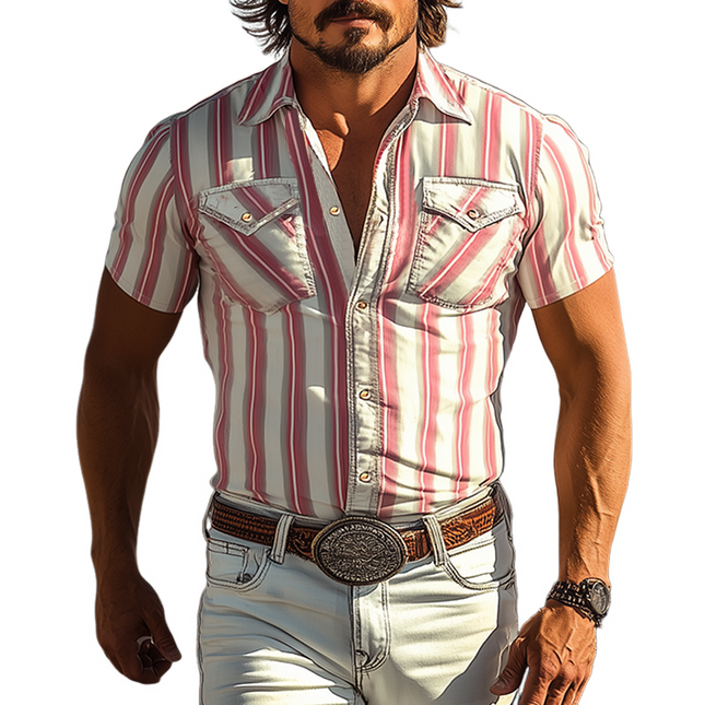 Men's Retro Western Short Sleeve Shirt | Slim Fit | Vertical Stripes | Cotton Blend | Spring Summer Casual Wear | Breathable Comfortable Style | Vintage Cowboy Influence